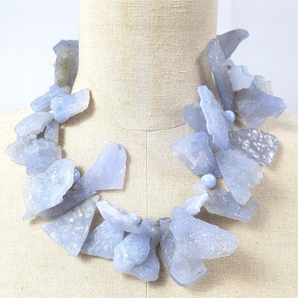 Blue Lace Agate Chunk Statement Necklace Raw Crystal Artisan 19”